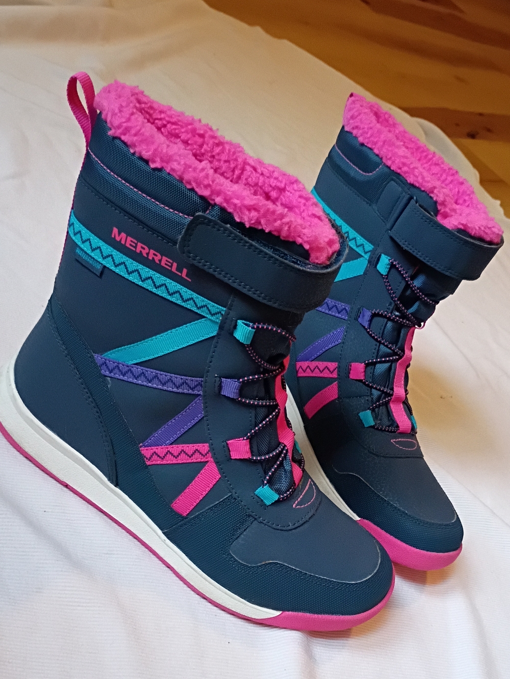 Kids Merrell Navy Winter Boots with Hot Pink & Teal Accents